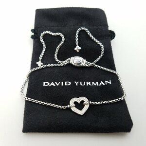 DAVID YURMAN Sterling Silver Classic Cable Diamond Heart Station Pull Bracelet
